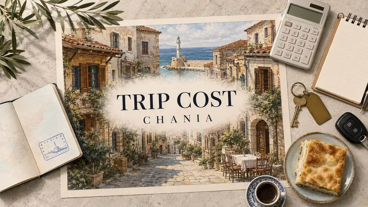 How Much Does a Chania Trip Cost? Budgets by Travel Style 2 Chania trip-cost flat lay with an illustrated old-town lane and lighthouse, calculator, notebook, room and car keys, coffee and cheese pie.