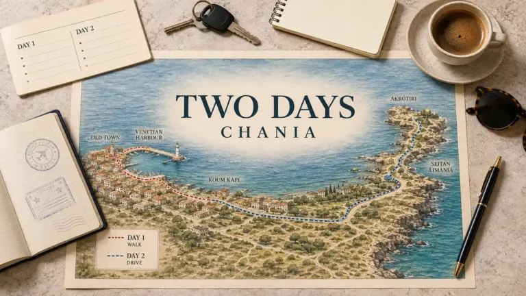 Chania two-day itinerary map with Old Town, Venetian Harbour, Koum Kapi and Akrotiri, framed by a passport and travel objects.