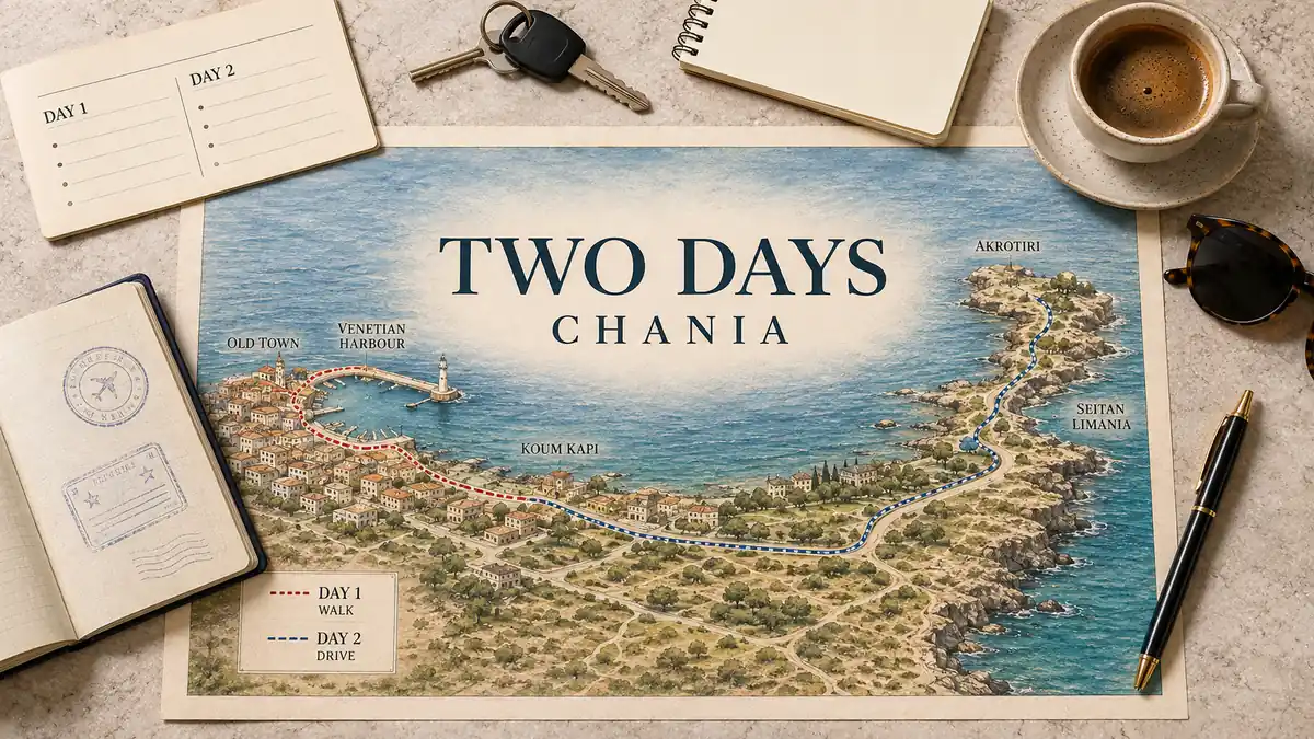 2 Days in Chania 2 Chania two-day itinerary map with Old Town, Venetian Harbour, Koum Kapi and Akrotiri, framed by a passport and travel objects.