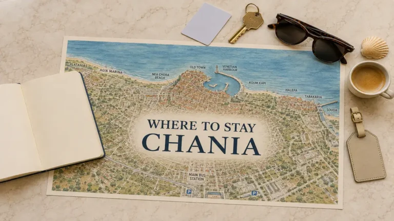 Overhead Chania stay guide flat lay with an illustrated waterfront map from Nea Chora through Old Town, Koum Kapi and Halepa.
