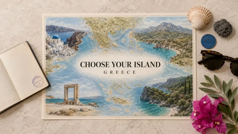 Greek Islands: How to Choose the Right One for Your Trip 3 Overhead Greek islands travel flat lay with an illustrated Aegean map, Santorini, Crete, Naxos and Corfu scenes, passport and island objects.