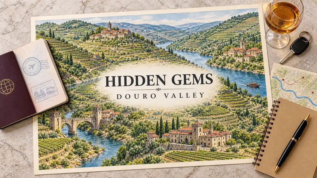 Hidden Gems in the Douro Valley: 8 Places the Tour Bus Misses 2 Douro Valley map with river bends, terraced slopes, stone villages and a fortified bridge, framed by travel objects.