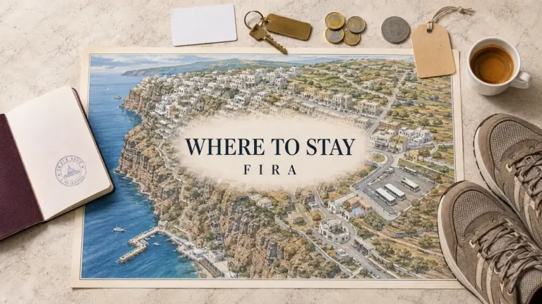 Where to Stay in Fira, Santorini: Is It the Right Base? 1 Overhead Fira stay flat lay with an illustrated caldera-edge map, Old Port, cable car, bus station and travel objects.