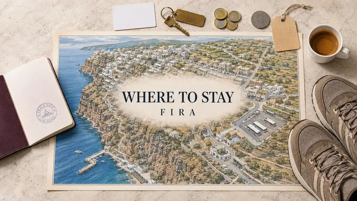 Where to Stay in Fira, Santorini: Is It the Right Base? 2 Overhead Fira stay flat lay with an illustrated caldera-edge map, Old Port, cable car, bus station and travel objects.