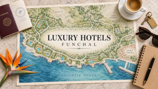 Funchal map showing garden areas, hotel footprints, pools and sea access, framed by a passport, room key and planning objects.