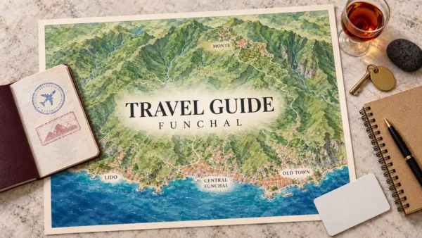 Travel to Funchal, Portugal: Is It the Right Madeira Base? 9 Funchal terrain map with coastal neighborhoods, green mountain contours and Monte gardens beside a passport, wine and travel objects.
