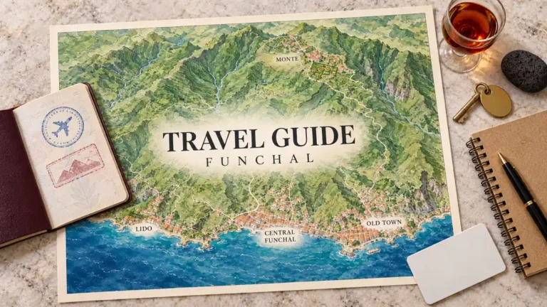 Funchal terrain map with coastal neighborhoods, green mountain contours and Monte gardens beside a passport, wine and travel objects.
