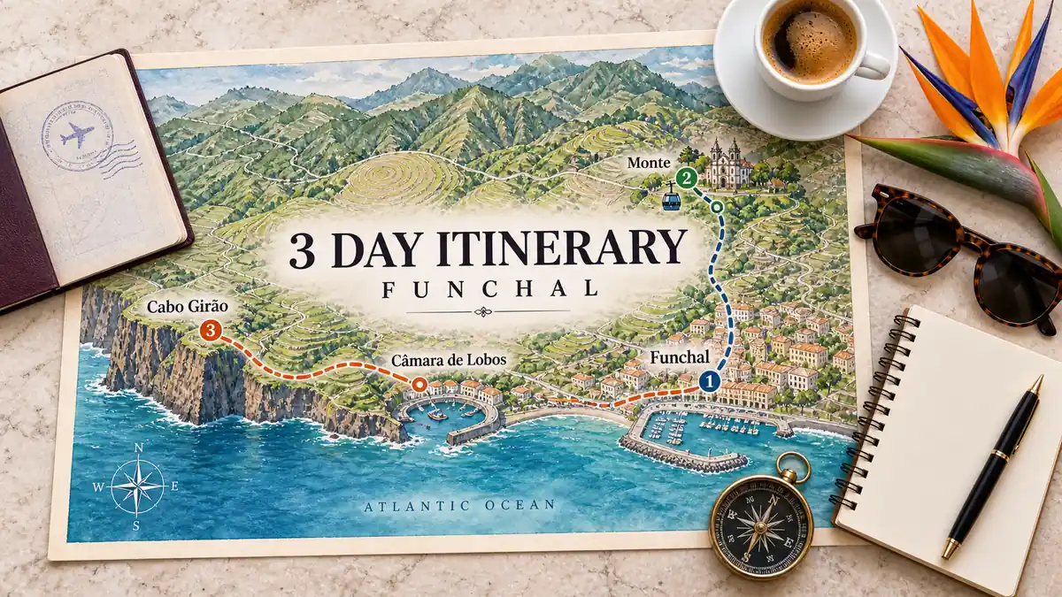 Funchal 3 Day Itinerary: Two City Days, One Day West 2 Three-day route map linking Funchal, Monte, Câmara de Lobos and Cabo Girão, with a passport and travel planning objects.