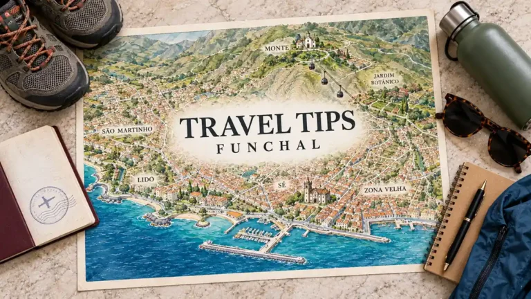 Funchal walking map with coastal streets and uphill Monte, framed by a passport, walking shoes and travel essentials.
