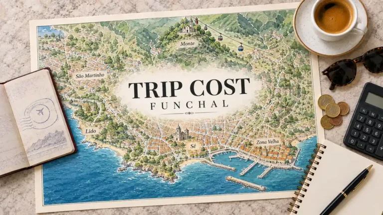 Funchal map with the waterfront and Monte cable car, framed by a passport, calculator, coins and budget notebook.