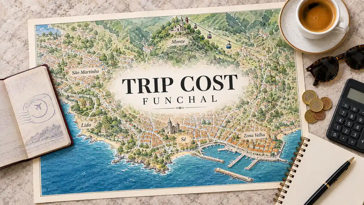 Funchal Trip Cost: What Actually Drives Your Budget 2 Funchal map with the waterfront and Monte cable car, framed by a passport, calculator, coins and budget notebook.