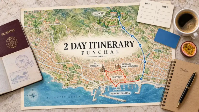 Funchal map with a red old-town walking route and a blue route uphill to Monte, beside a passport, two-day planner and travel objects.