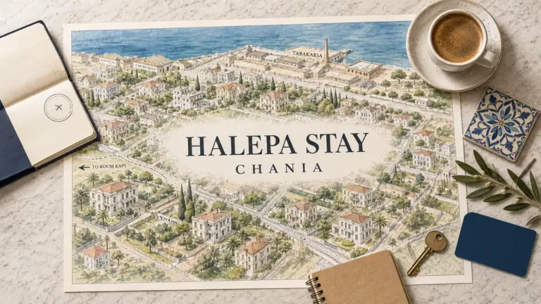 Halepa stay map with neoclassical houses, garden plots, Tabakaria waterfront and a connection toward Koum Kapi, framed by travel objects.