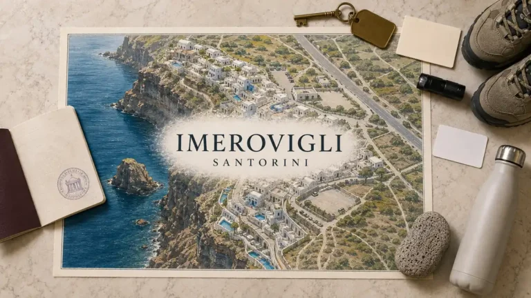 Imerovigli, Santorini: Who Should Stay Here and Where to Book 2 Overhead Imerovigli stay flat lay with an illustrated caldera-rim map, whitewashed terraces, inland road and travel-planning objects.