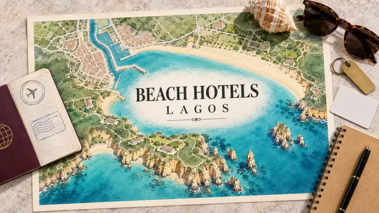 Lagos coastal map with a broad sandy beach, cliff coves and hotel buildings, framed by a passport, room tag, shell and sunglasses.