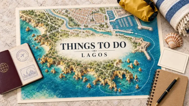 Lagos illustrated map with sandstone arches, clifftop paths, marina and sea route beside a passport, dry bag and beach essentials.