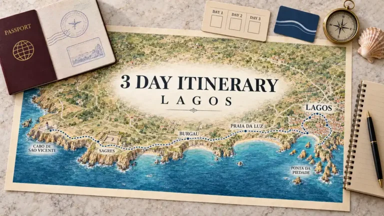 Western Algarve route map linking Lagos, Praia da Luz, Burgau, Sagres and Cabo de Sao Vicente beside a passport and itinerary objects.