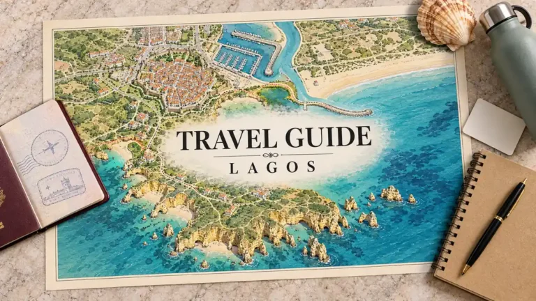 Lagos coastal map with a walled old town, marina, broad beach and cliff coves beside a passport, shell, bottle and planning objects.