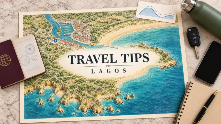 Lagos coastal map with shoreline contours, cliff coves and a parking route beside a passport, wave card, bottle, key and phone.