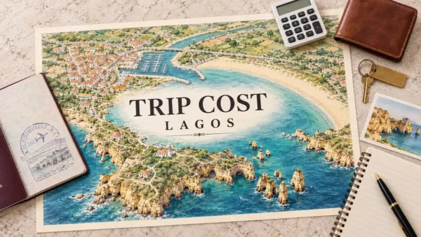 Lagos Trip Cost: Daily and Weekly Budgets by Travel Style 7 Lagos coastal map with sandy beaches, marina and sandstone cliffs beside a passport, calculator, wallet, room key and coastal postcard.