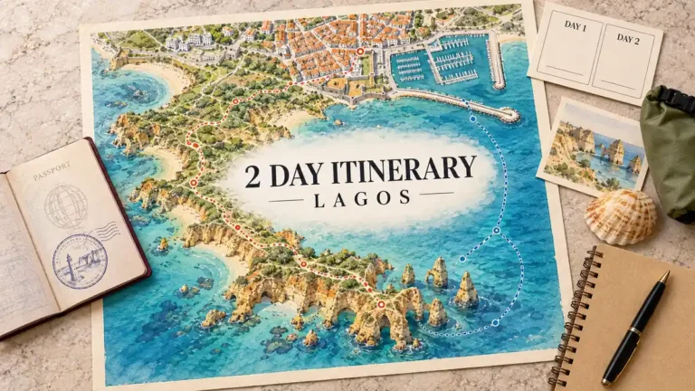 Lagos map with dotted walking and sea routes between the old town and cliff coves, beside a passport, two-day card and beach objects.
