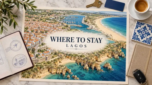 Where to Stay in Lagos, Portugal: Old Town, Beach or Cliffs 7 Lagos neighborhood map with old-town rooftops, marina and sandy coast, framed by a passport and lodging-planning objects.
