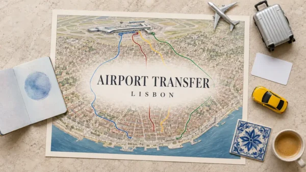Lisbon Airport Transport: The Best Way to the City Centre 5 Lisbon airport transfer map with four colored routes, a plane, suitcase, transit card, yellow car, azulejo and coffee