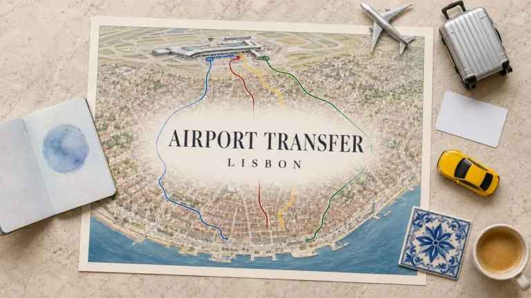 Lisbon Airport Transport: The Best Way to the City Centre 1 Lisbon airport transfer map with four colored routes, a plane, suitcase, transit card, yellow car, azulejo and coffee