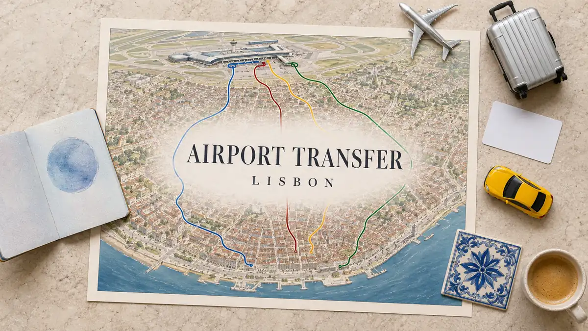 Lisbon airport transfer map with four colored routes, a plane, suitcase, transit card, yellow car, azulejo and coffee