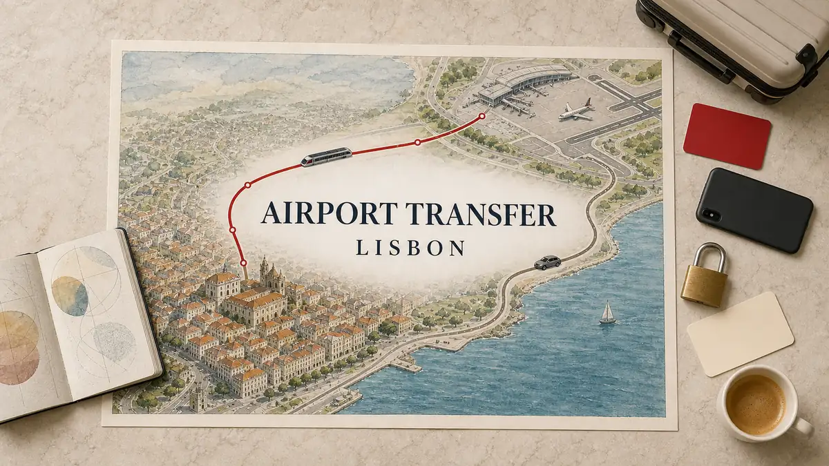 Lisbon Airport Transport: The Best Way to the City Centre 2 Lisbon airport-transfer flat lay with an illustrated airport-to-centre map, metro and road routes, luggage and blank travel cards