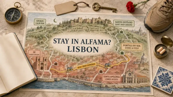 Alfama stay map comparing quiet high ground, steep scenic lanes, the busy tram corridor and lower access
