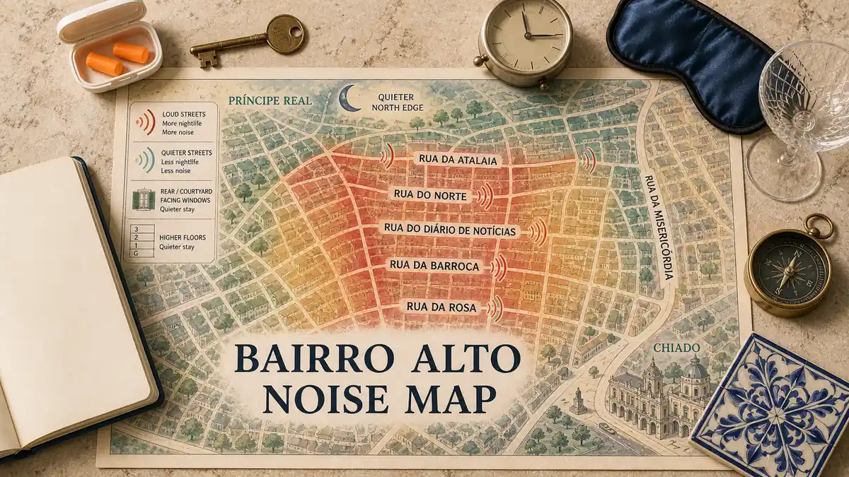 Bairro Alto, Lisbon: Where to Stay and Where the Noise Is 2 Bairro Alto noise map marking five nightlife streets and the quieter northern edge near Principe Real