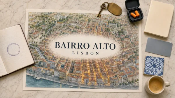 Overhead Bairro Alto map with highlighted nightlife lanes, a room key, earplugs, notebook, transit card, azulejo and coffee