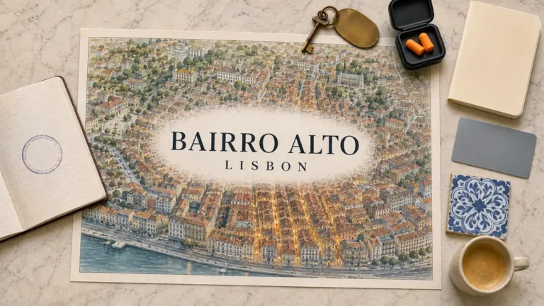 Bairro Alto, Lisbon: Where to Stay and Where the Noise Is 2 Overhead Bairro Alto map with highlighted nightlife lanes, a room key, earplugs, notebook, transit card, azulejo and coffee
