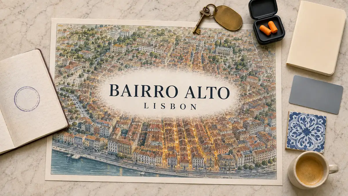 Overhead Bairro Alto map with highlighted nightlife lanes, a room key, earplugs, notebook, transit card, azulejo and coffee
