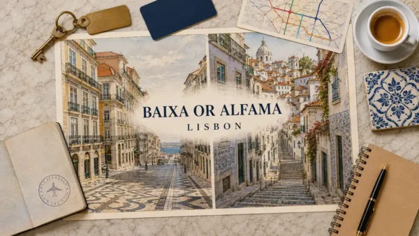 Baixa-Chiado vs Alfama: Where to Stay in Lisbon, Settled 15 Lisbon flat lay with illustrated Baixa-Chiado facades and an Alfama stair lane, framed by a passport, room key and Portuguese tile.
