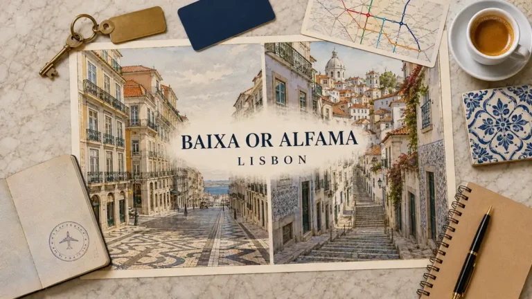 Lisbon flat lay with illustrated Baixa-Chiado facades and an Alfama stair lane, framed by a passport, room key and Portuguese tile.