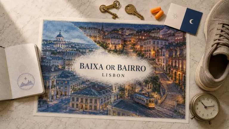 Overhead Lisbon stay-comparison flat lay with an illustrated split between calm Baixa-Chiado streets and the steep evening lanes of Bairro Alto.