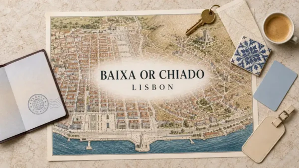 Overhead Lisbon stay-planning flat lay with an illustrated Baixa and Chiado map, passport, room key, contour card, tile, transit card and coffee.