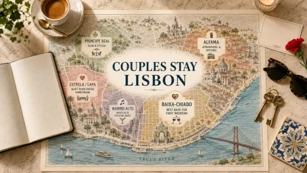 Lisbon couples-stay map comparing Baixa-Chiado, Alfama, Principe Real, Estrela-Lapa and Bairro Alto