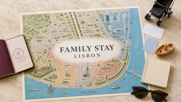 Lisbon family-stay map comparing Parque das Nacoes, Baixa-Chiado, Avenida and residential areas