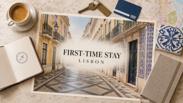 Where to Stay in Lisbon for First-Time Visitors: One Clear Pick 14 Lisbon Baixa street poster with yellow facades, tiled doorway, passport, room key and espresso.
