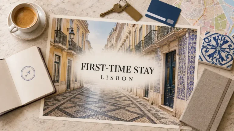 Lisbon Baixa street poster with yellow facades, tiled doorway, passport, room key and espresso.