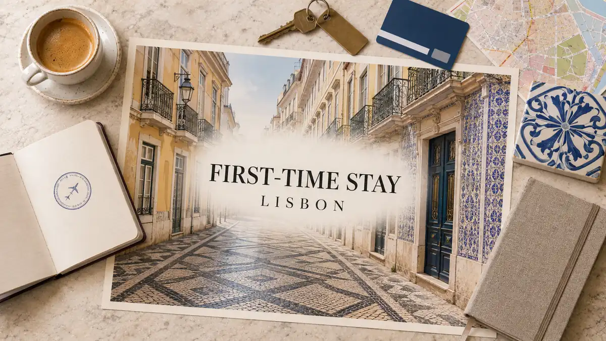 Where to Stay in Lisbon for First-Time Visitors: One Clear Pick 2 Lisbon Baixa street poster with yellow facades, tiled doorway, passport, room key and espresso.