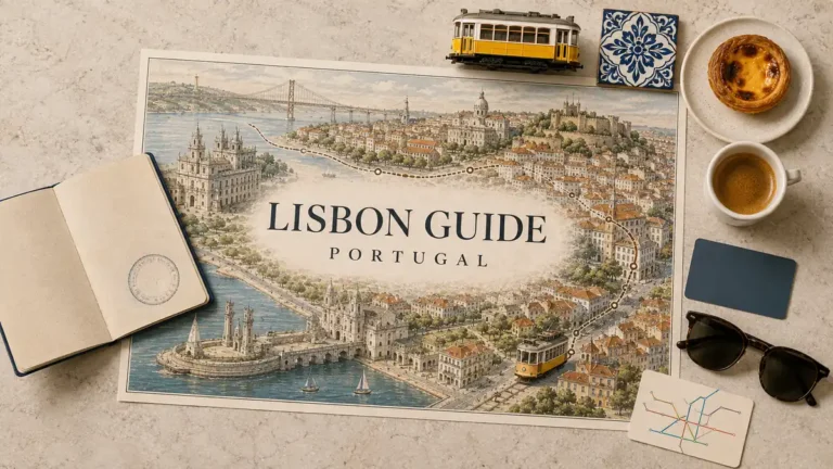 Home 10 Overhead Lisbon travel flat lay with an illustrated city map, Tagus riverfront, tram, passport, tile and pastel de nata