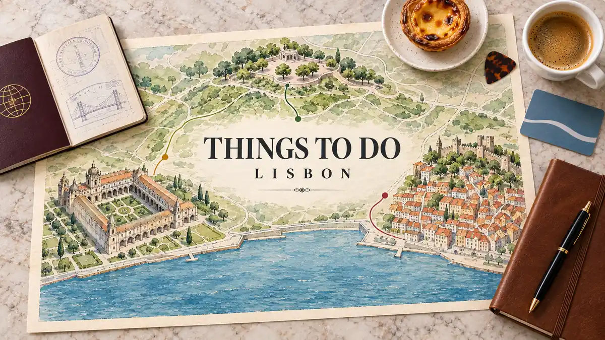 Things to Do in Lisbon: What's Worth It and What to Skip 2 Lisbon map with a hilltop terrace, Belem cloister and Alfama rooftops beside a passport, pastel de nata and planning objects.