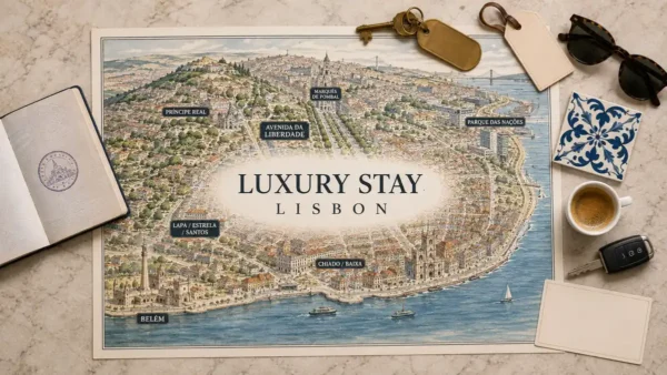 Overhead Lisbon luxury-stay flat lay with an illustrated city map highlighting Avenida da Liberdade, Chiado, Belém and other upscale base options.