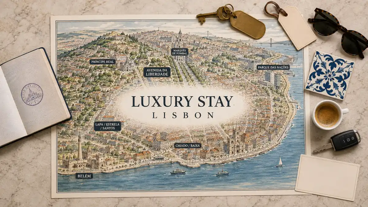 Where to Stay in Lisbon for Luxury: Best Areas Ranked 2 Overhead Lisbon luxury-stay flat lay with an illustrated city map highlighting Avenida da Liberdade, Chiado, Belém and other upscale base options.