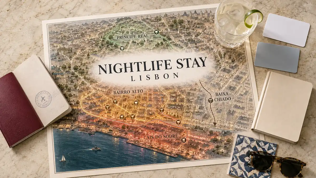 Where to Stay in Lisbon for Nightlife: Which Scene to Book 2 Lisbon nightlife map comparing Bairro Alto, Cais do Sodre, Principe Real and quieter Baixa-Chiado