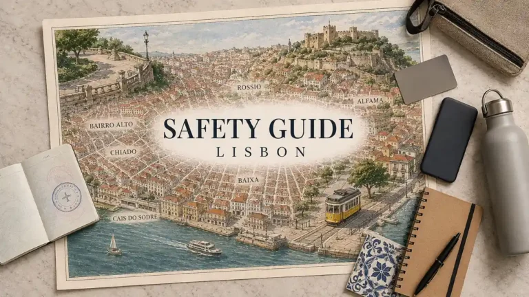 Lisbon safety map with Baixa, Alfama, Chiado, Bairro Alto, yellow tram and Tagus waterfront, framed by practical travel objects.